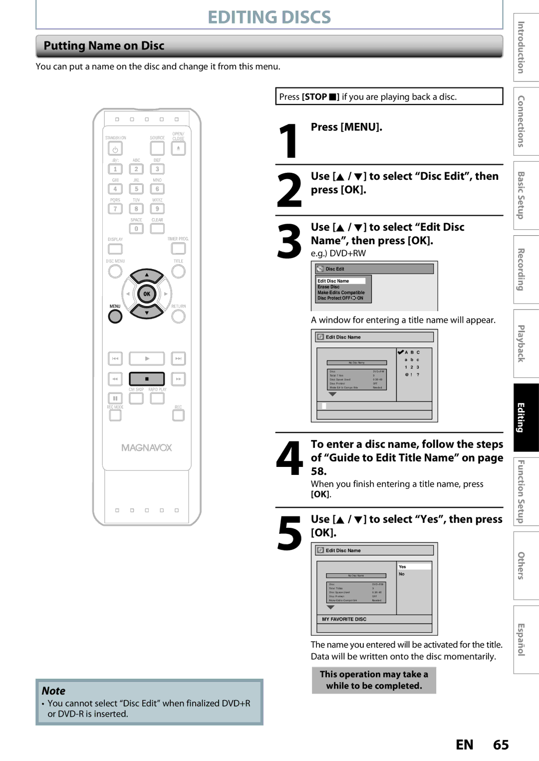 Magnavox ZC320MW8B/F7 owner manual Putting Name on Disc, Press Menu Use K / L to select Disc Edit, then press OK 