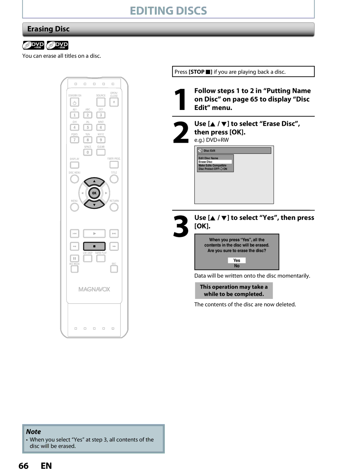 Magnavox ZC320MW8B/F7 owner manual Erasing Disc, Contents of the disc are now deleted 