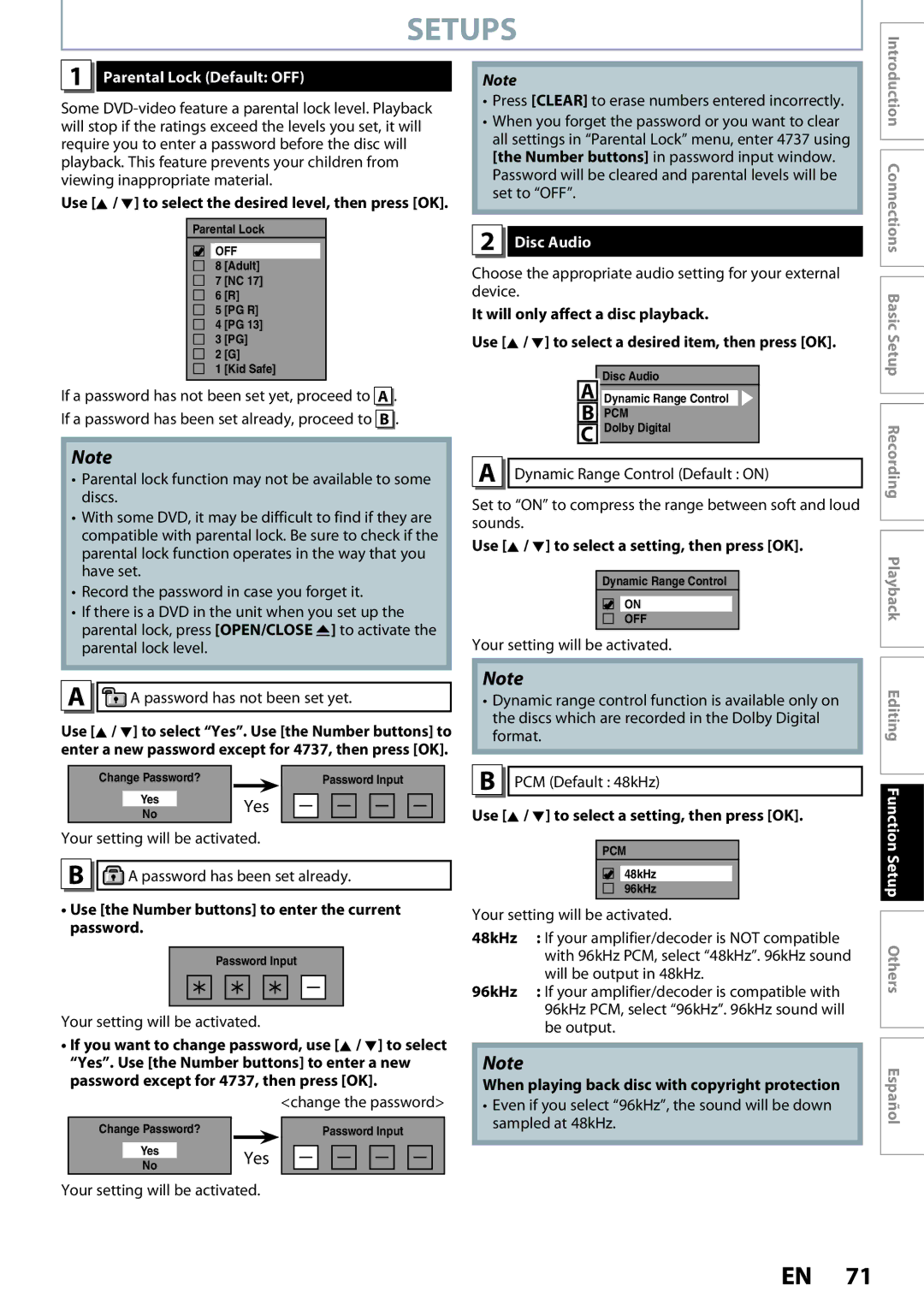 Magnavox ZC320MW8B/F7 owner manual Setups, Yes, Parental Lock Default OFF, Disc Audio 