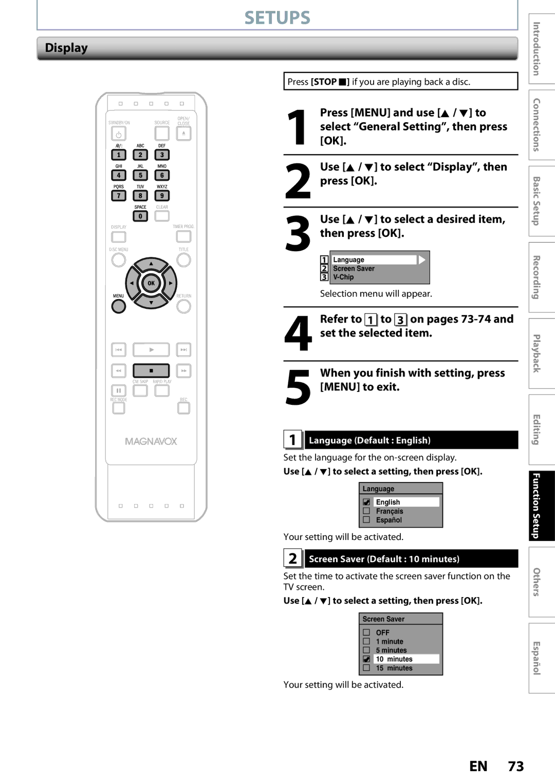 Magnavox ZC320MW8B/F7 owner manual Display 