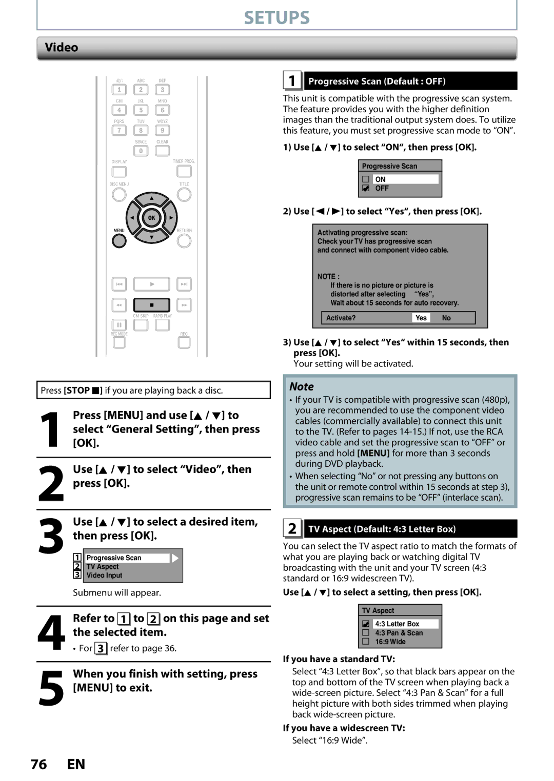 Magnavox ZC320MW8B/F7 Video, Refer to 1 to 2 on this page and set the selected item, Progressive Scan Default OFF 