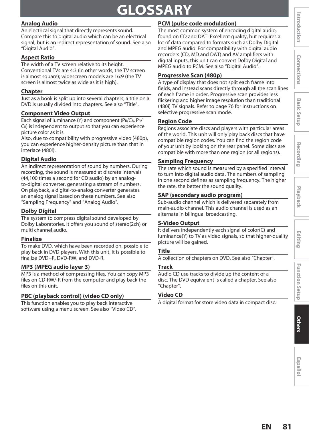 Magnavox ZC320MW8B/F7 owner manual Glossary 