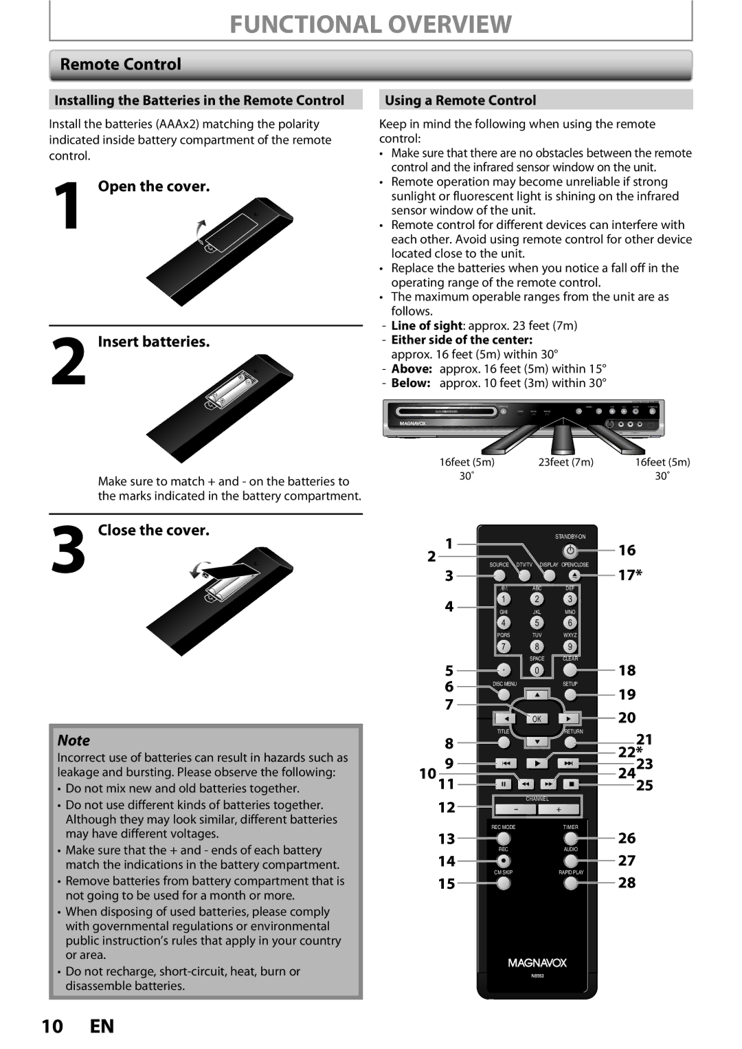 Magnavox ZC352MW8 owner manual Open the cover Insert batteries, Close the cover, Using a Remote Control 