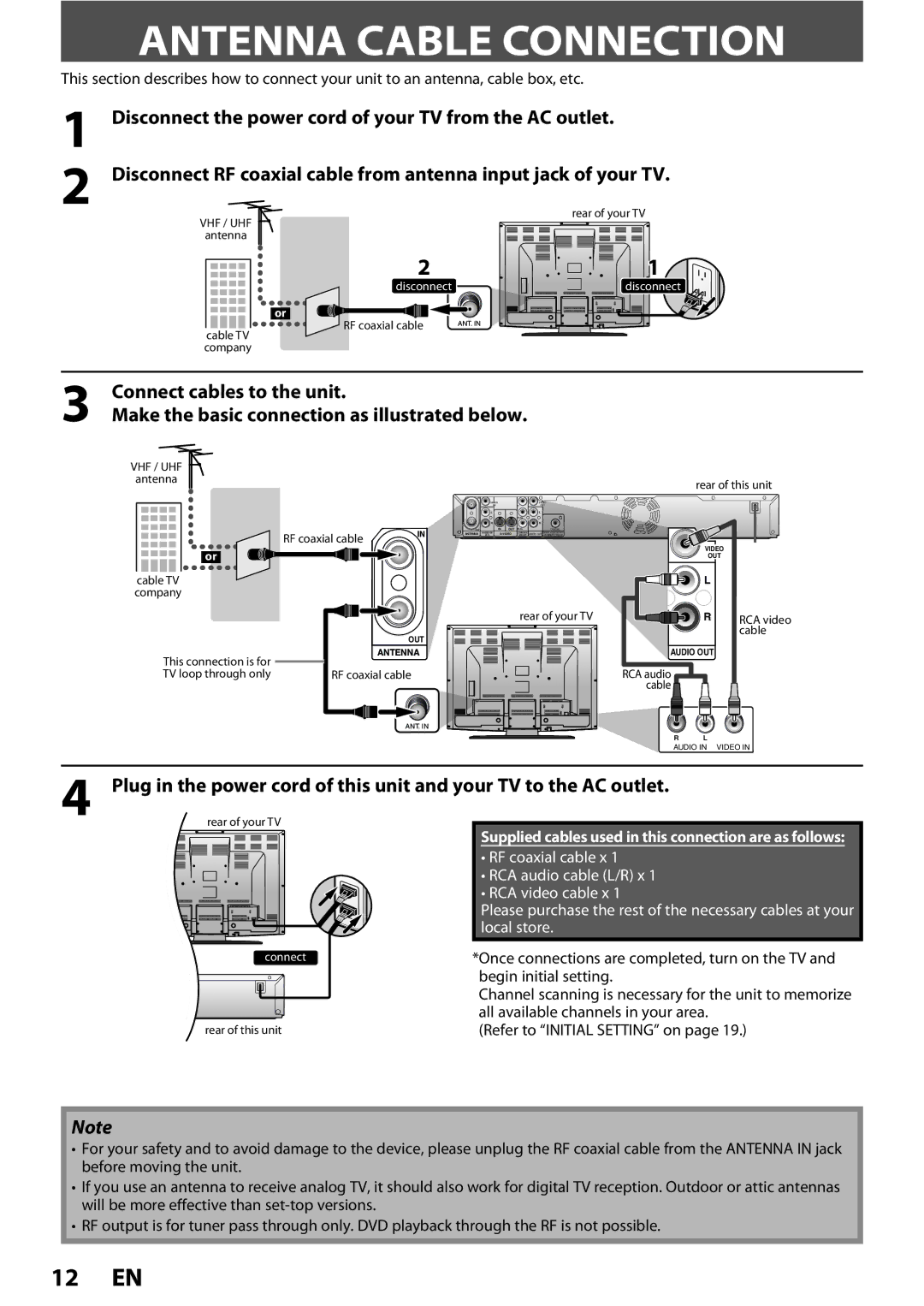 Magnavox ZC352MW8 owner manual Antenna Cable Connection, Supplied cables used in this connection are as follows 