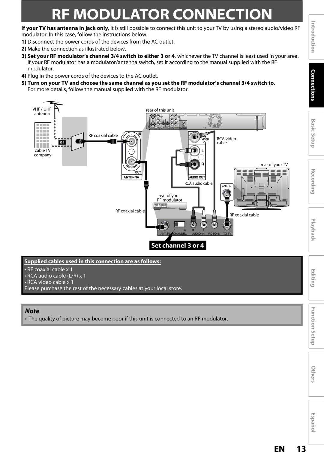 Magnavox ZC352MW8 owner manual RF Modulator Connection, Plug in the power cords of the devices to the AC outlet 