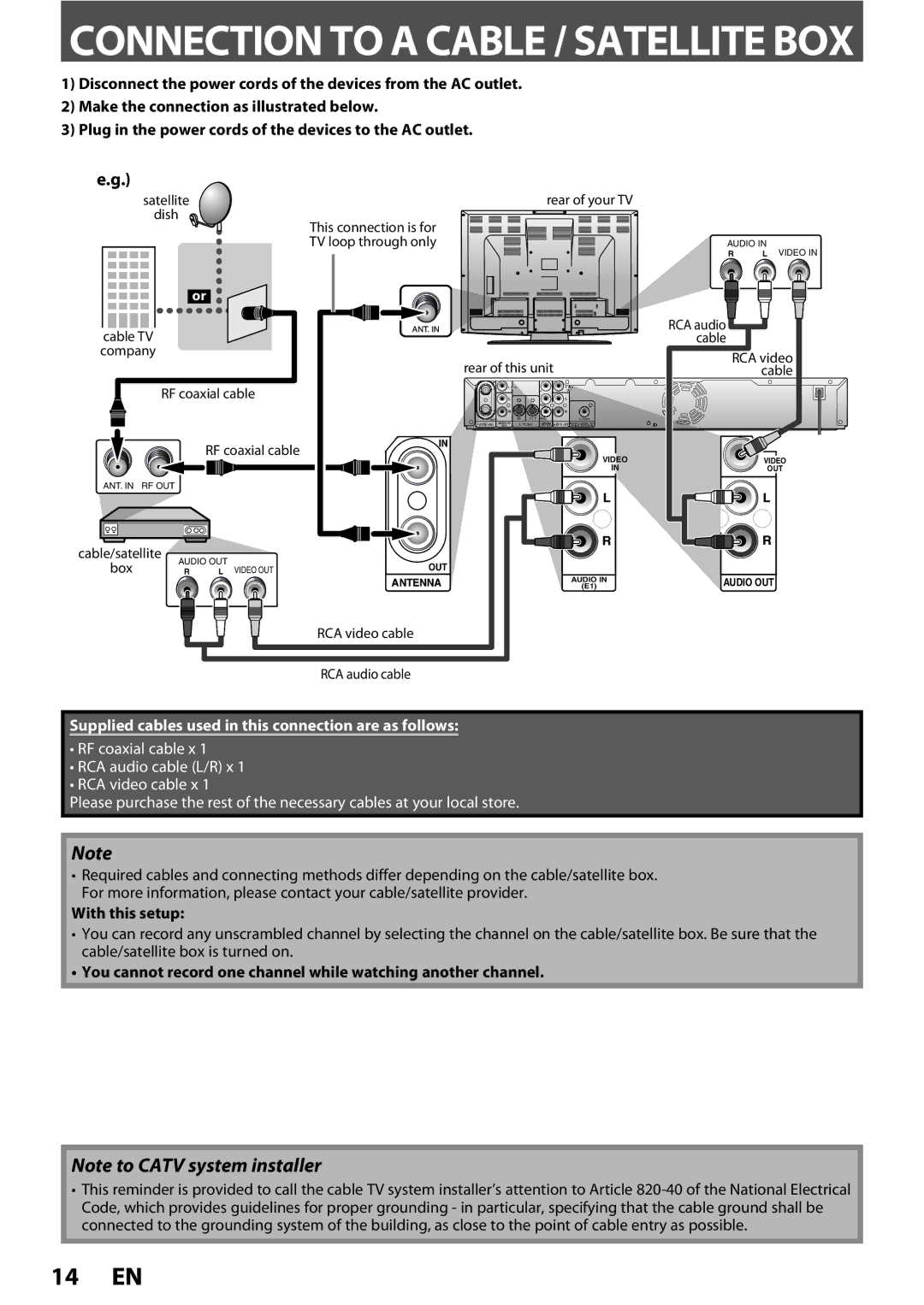 Magnavox ZC352MW8 owner manual With this setup, You cannot record one channel while watching another channel 