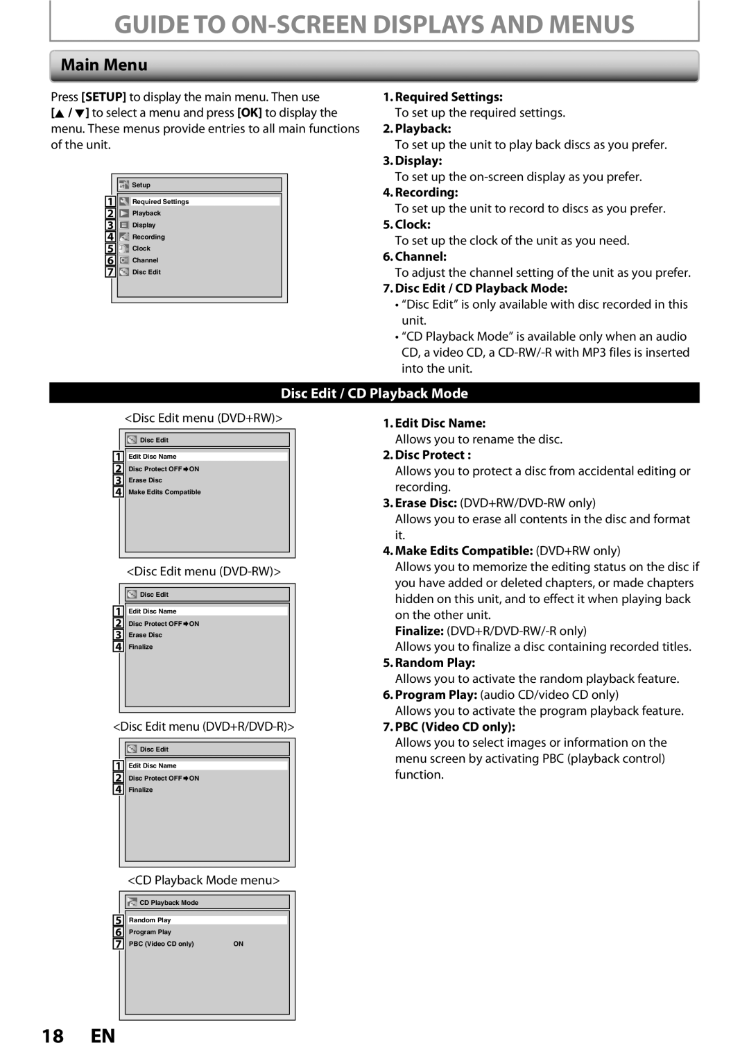 Magnavox ZC352MW8 owner manual Guide to ON-SCREEN Displays and Menus, Main Menu 