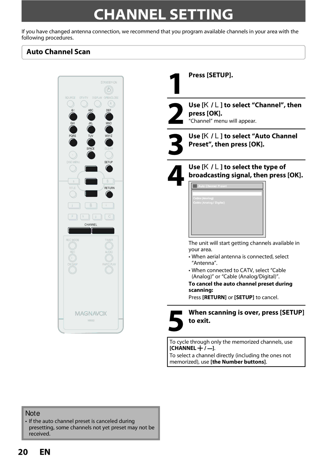 Magnavox ZC352MW8 owner manual Channel Setting, Auto Channel Scan, Press Setup Use K / L to select Channel, then press OK 