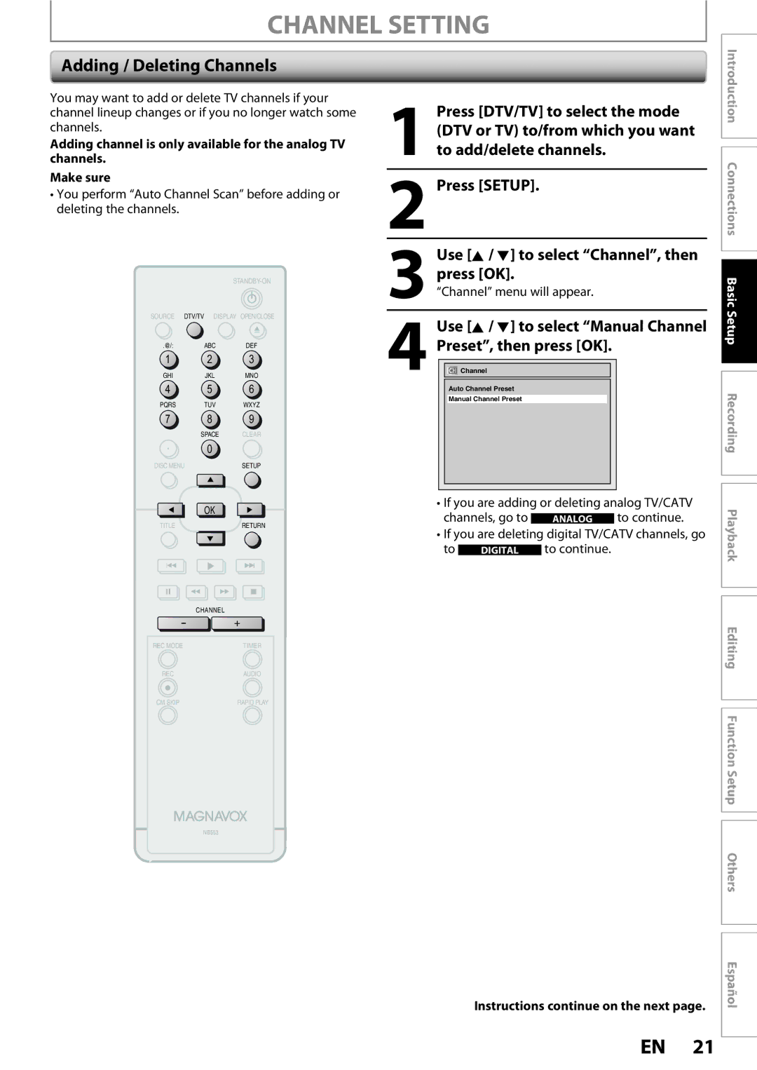 Magnavox ZC352MW8 Channel Setting, Adding / Deleting Channels, To add/delete channels, Press DTV/TV to select the mode 