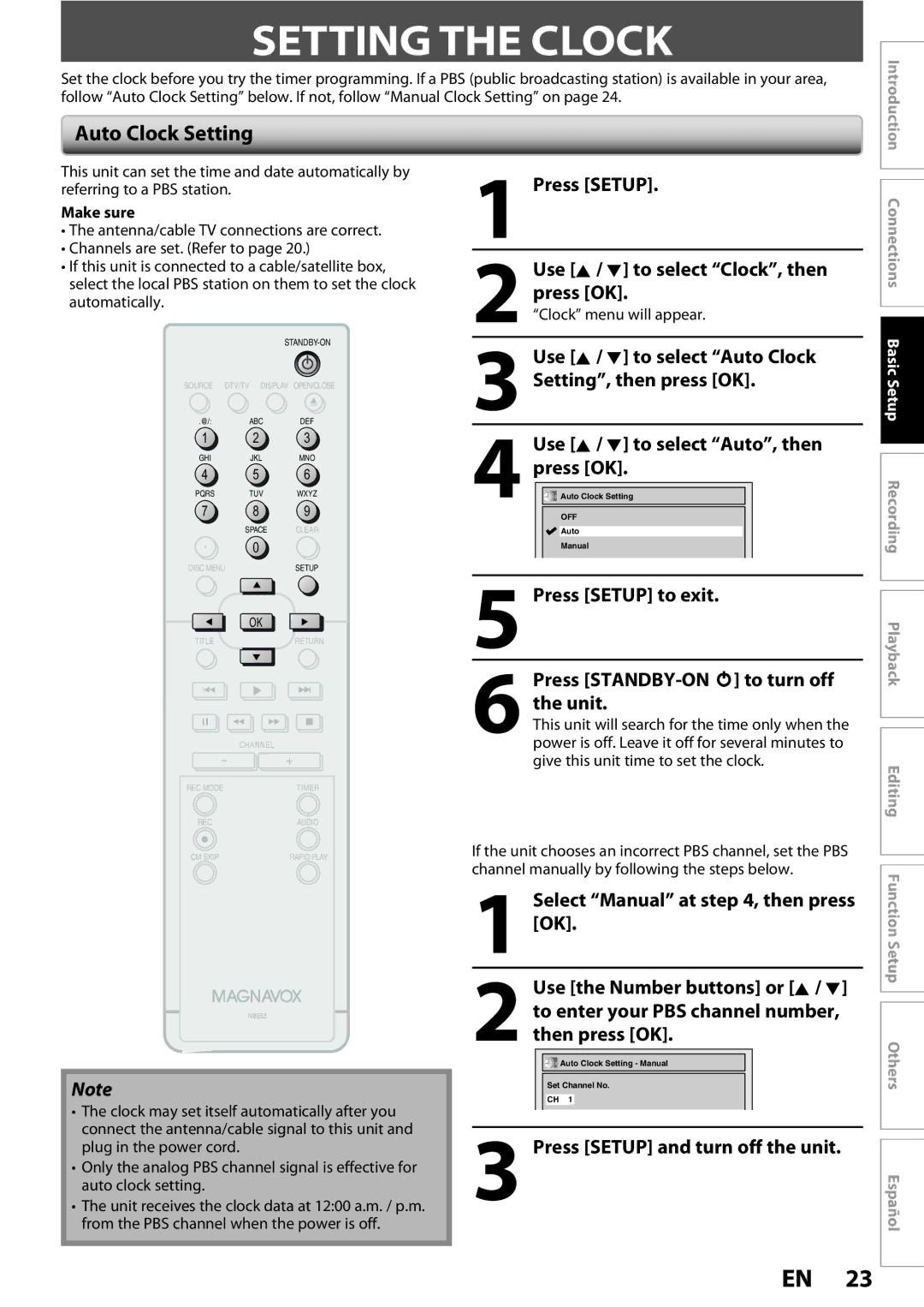 Magnavox ZC352MW8 owner manual Setting the Clock, Auto Clock Setting 