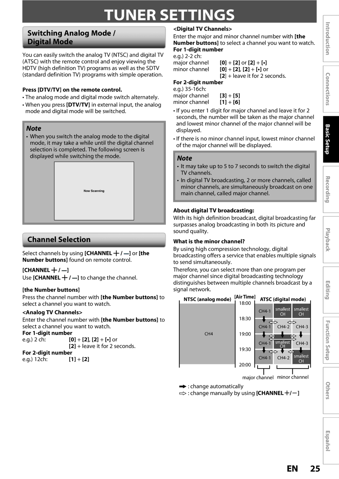 Magnavox ZC352MW8 owner manual Tuner Settings, Switching Analog Mode Digital Mode, Channel Selection 