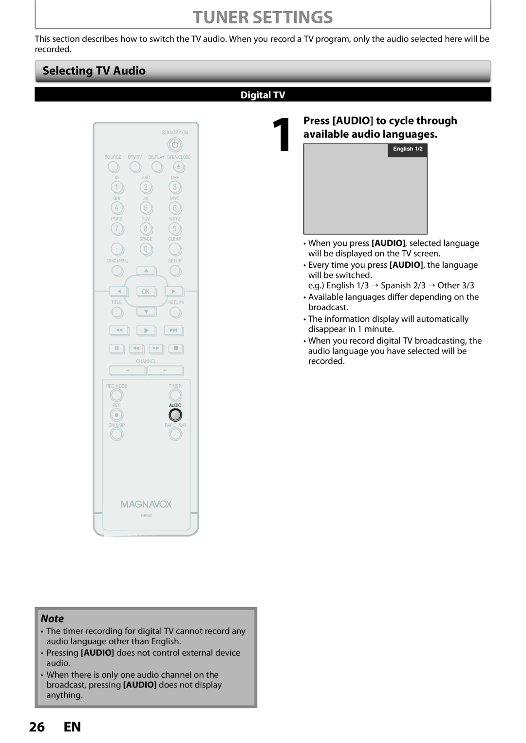 Magnavox ZC352MW8 owner manual Tuner Settings, Selecting TV Audio 