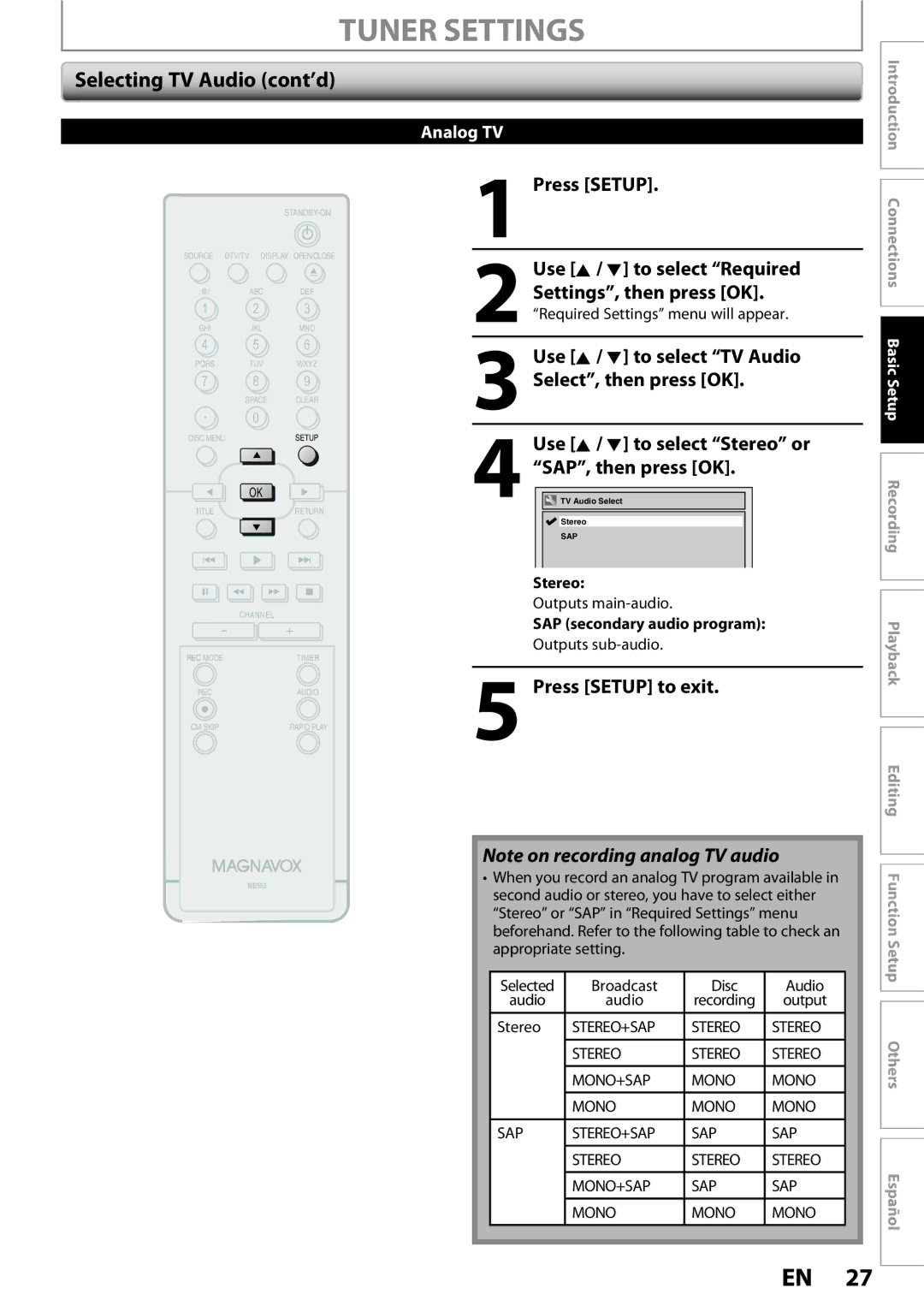 Magnavox ZC352MW8 owner manual Selecting TV Audio cont’d, Stereo, SAP secondary audio program 