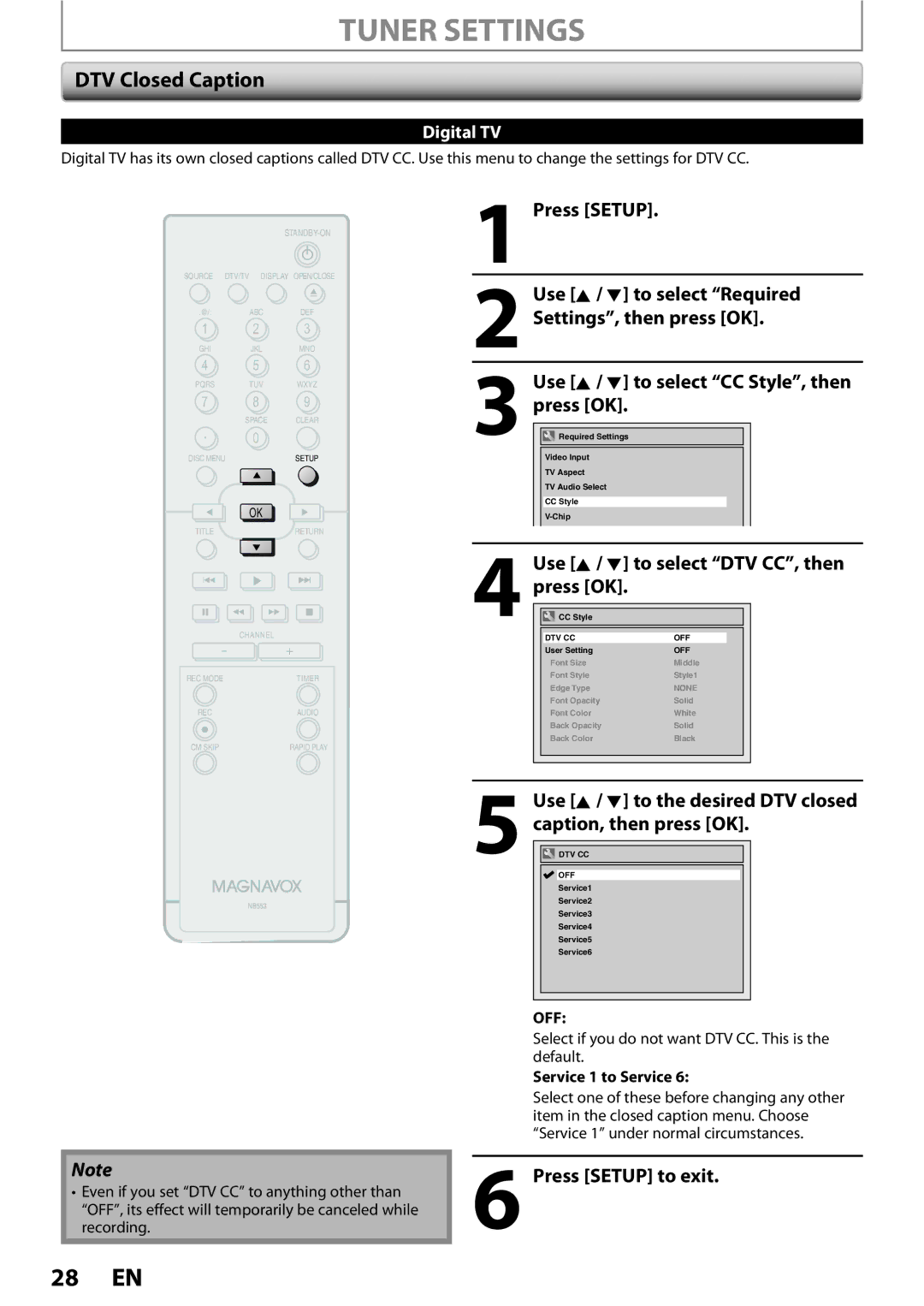 Magnavox ZC352MW8 DTV Closed Caption, Use K / L to select DTV CC, then press OK, Press Setup to exit, Service 1 to Service 