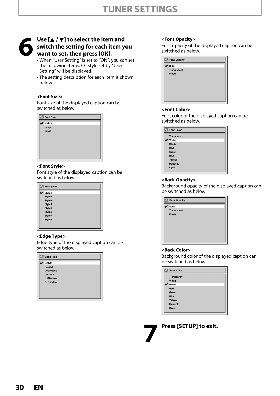 Magnavox ZC352MW8 owner manual Font Size, Font Style, Edge Type, Font Opacity, Font Color, Back Opacity, Back Color 