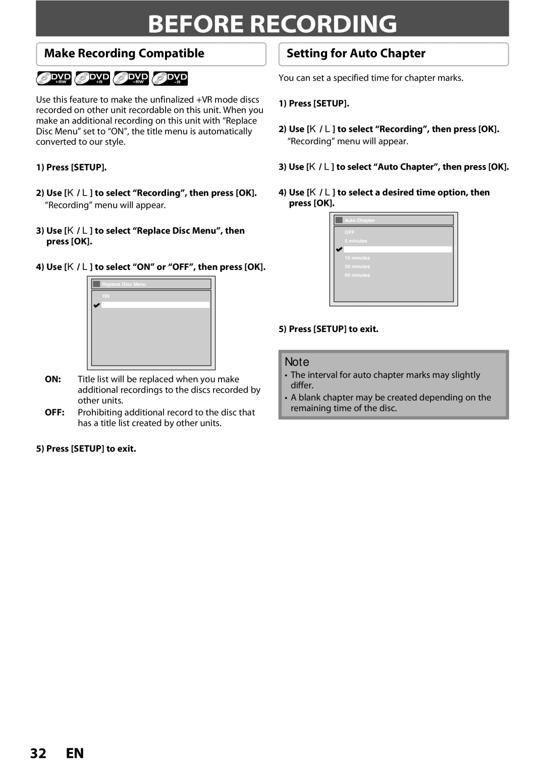 Magnavox ZC352MW8 owner manual Before Recording, Make Recording Compatible, Setting for Auto Chapter, Press Setup to exit 