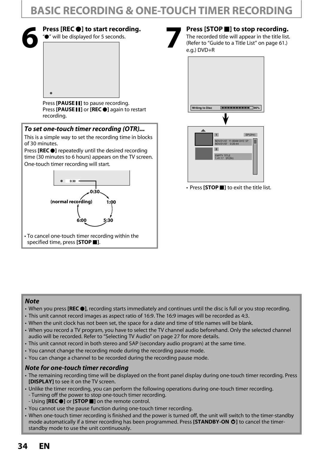 Magnavox ZC352MW8 owner manual Basic Recording & ONE-TOUCH Timer Recording, Press Stop C to exit the title list 