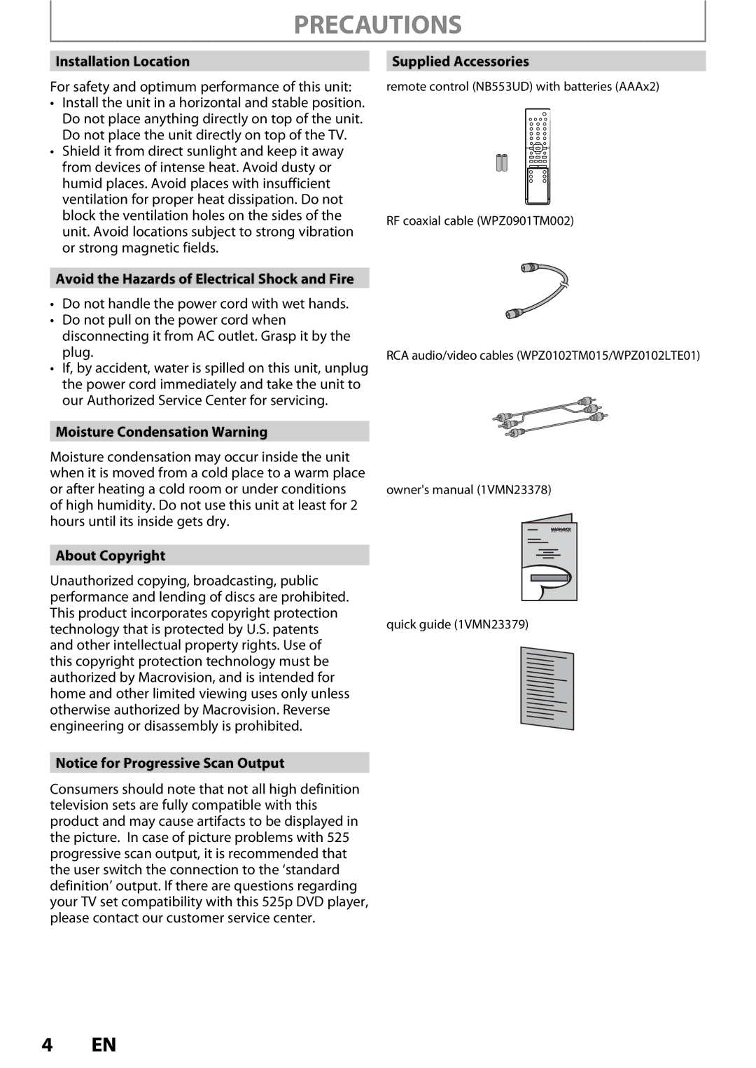 Magnavox ZC352MW8 Installation Location, Avoid the Hazards of Electrical Shock and Fire, Moisture Condensation Warning 