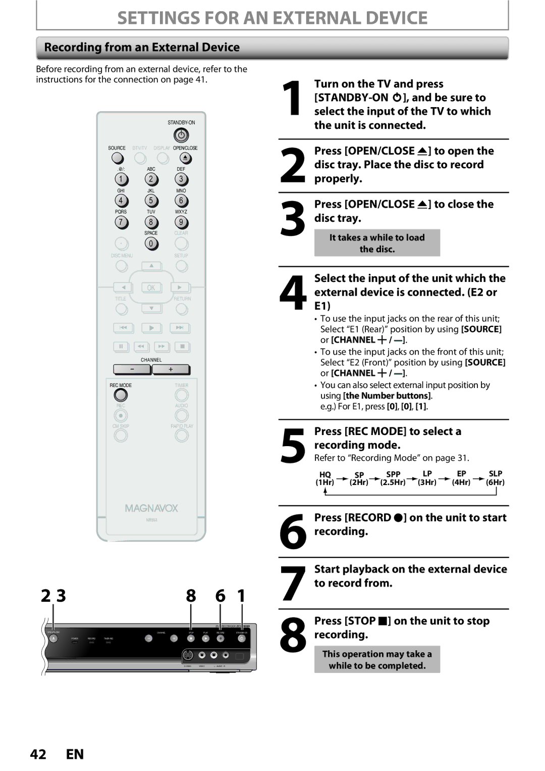 Magnavox ZC352MW8 owner manual Settings for AN External Device, Recording from an External Device 