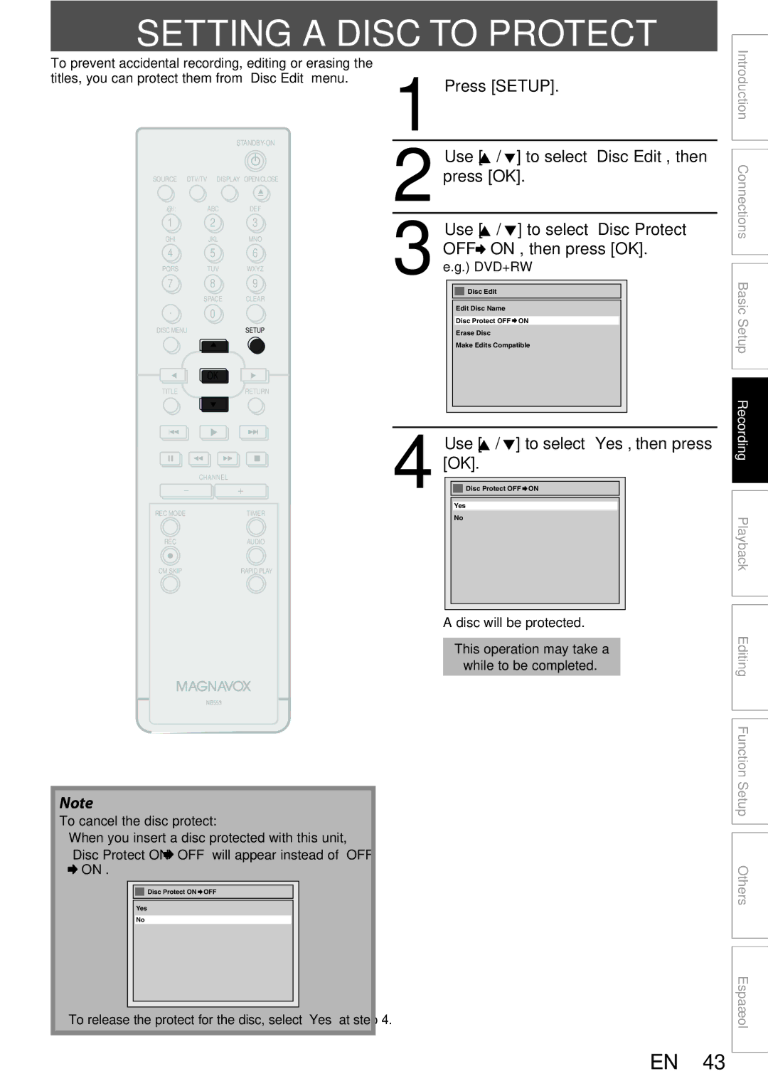 Magnavox ZC352MW8 Setting a Disc to Protect, Use K / L to select Yes, then press OK, To cancel the disc protect 