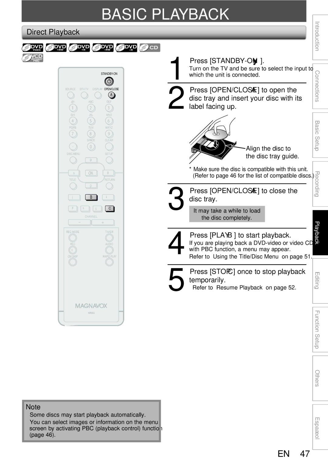 Magnavox ZC352MW8 owner manual Basic Playback, Direct Playback, Press Play B to start playback, Refer to Resume Playback on 