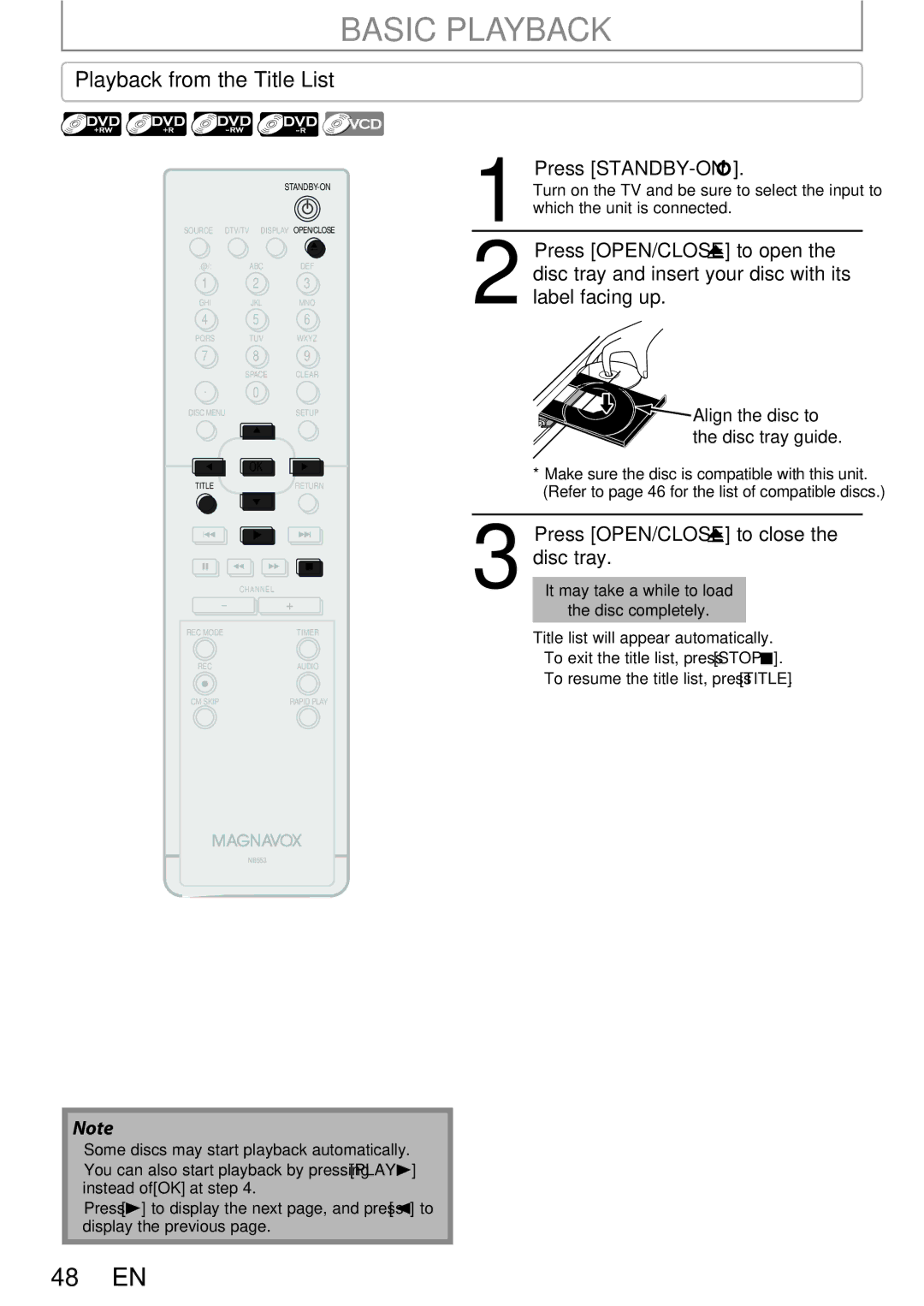 Magnavox ZC352MW8 owner manual Basic Playback, Playback from the Title List 