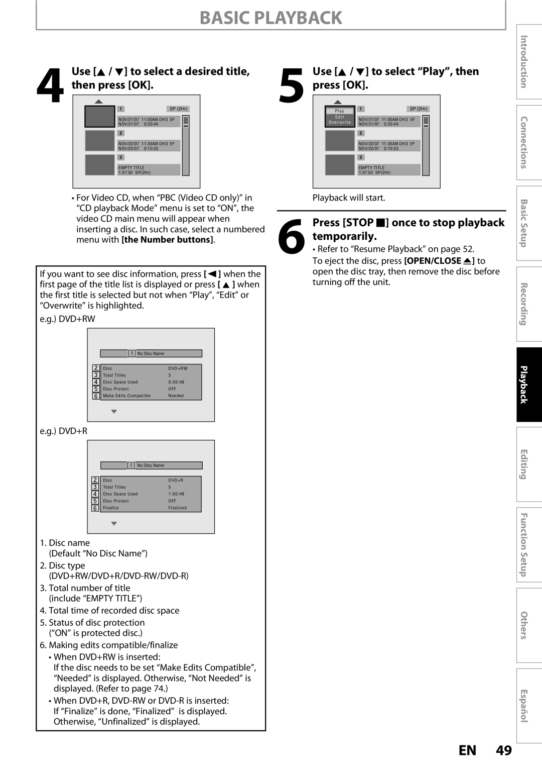 Magnavox ZC352MW8 owner manual Use K / L to select a desired title, Temporarily, Use K / L to select Play, then, Press OK 