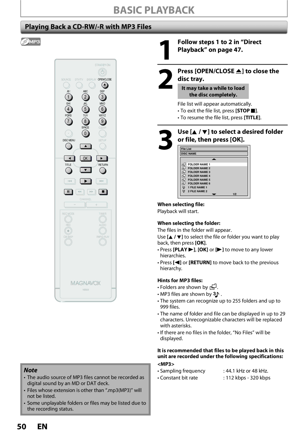 Magnavox ZC352MW8 owner manual Playing Back a CD-RW/-R with MP3 Files, Follow steps 1 to 2 in Direct Playback on 