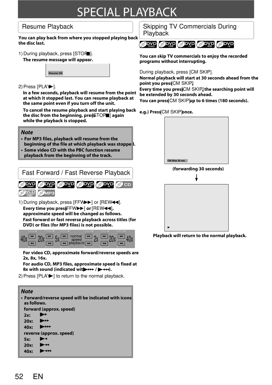 Magnavox ZC352MW8 owner manual Special Playback, Resume Playback, Fast Forward / Fast Reverse Playback, 40x 20x 