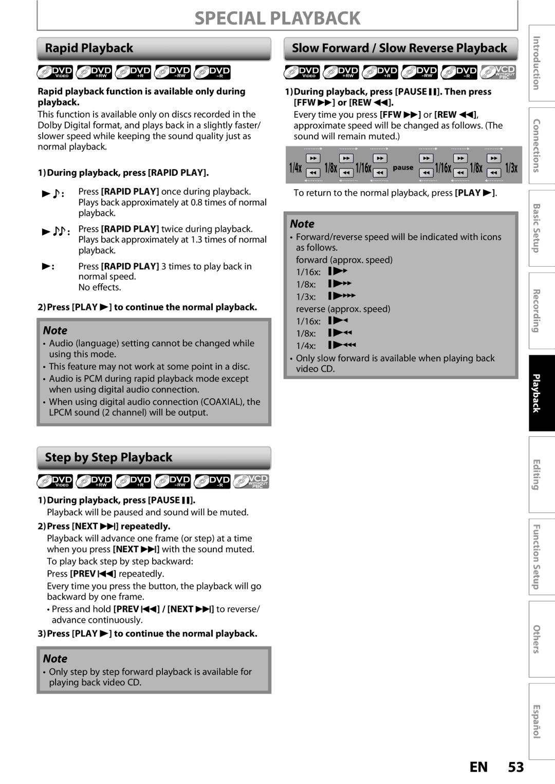 Magnavox ZC352MW8 Special Playback, Rapid Playback, Step by Step Playback, Slow Forward / Slow Reverse Playback 