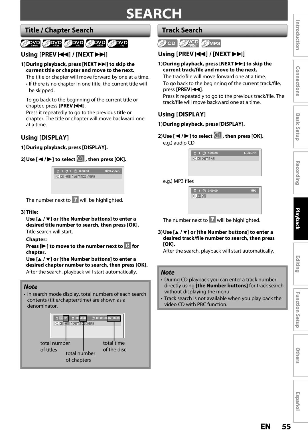 Magnavox ZC352MW8 owner manual Title / Chapter Search, Using Prev H / Next G, Using Display 