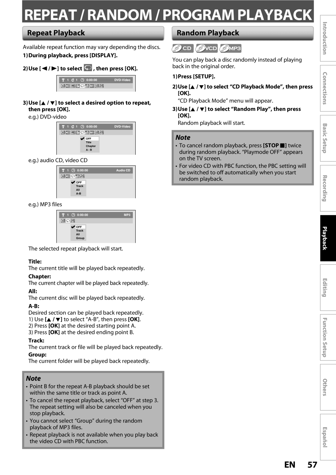 Magnavox ZC352MW8 owner manual Repeat Playback, Random Playback, Audio CD, video CD, MP3 files 