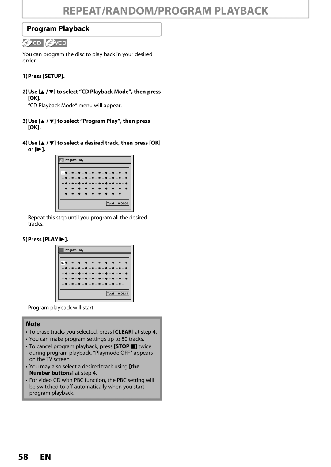 Magnavox ZC352MW8 owner manual REPEAT/RANDOM/PROGRAM Playback, Program Playback, 5Press Play B 