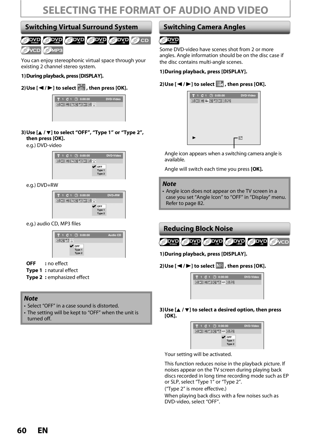 Magnavox ZC352MW8 Selecting the Format of Audio and Video, Switching Virtual Surround System, Reducing Block Noise 