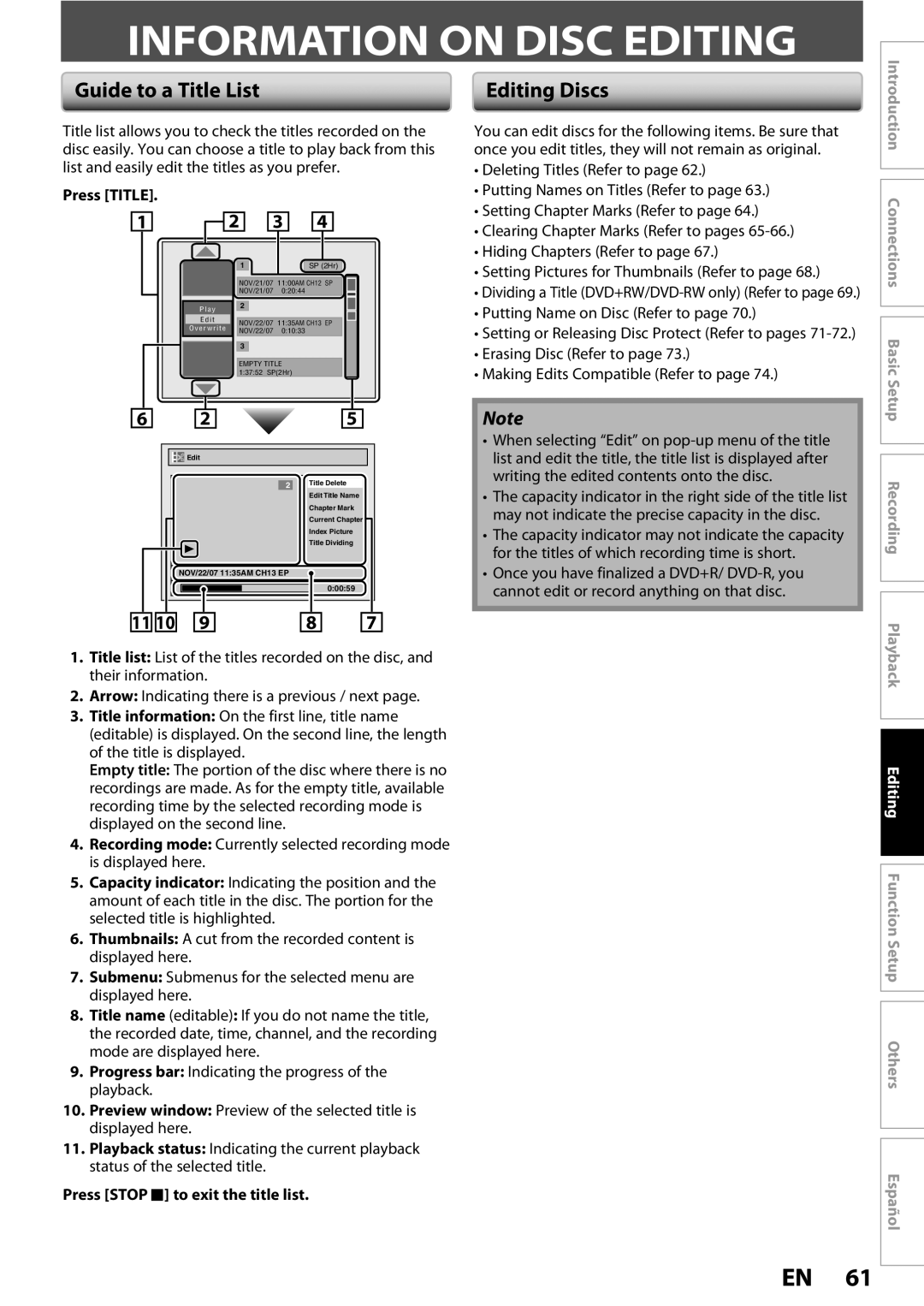 Magnavox ZC352MW8 owner manual Information on Disc Editing, Guide to a Title List, Editing Discs, Press Title 