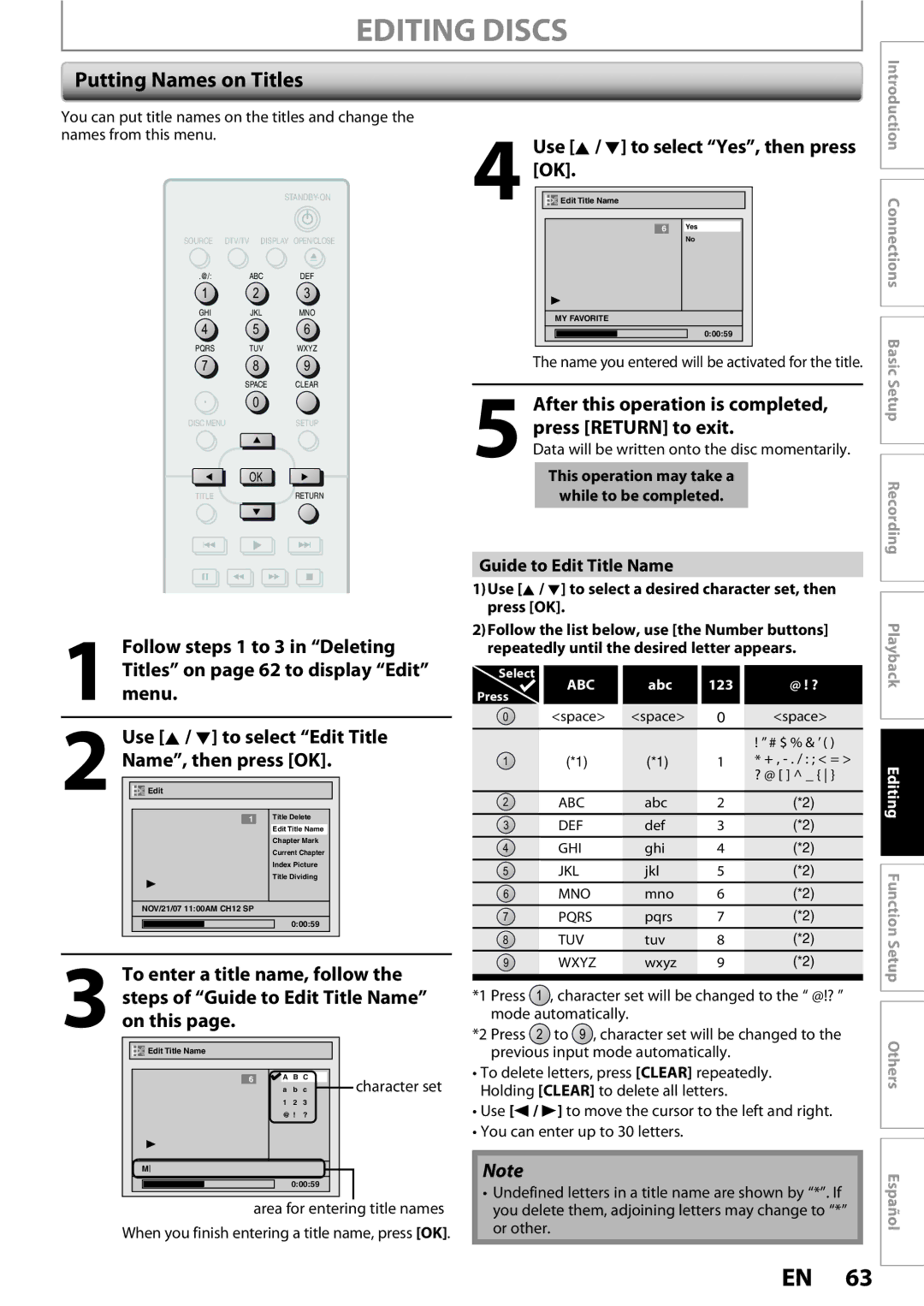 Magnavox ZC352MW8 Editing Discs, Putting Names on Titles, Use K / L to select Edit Title, Guide to Edit Title Name 