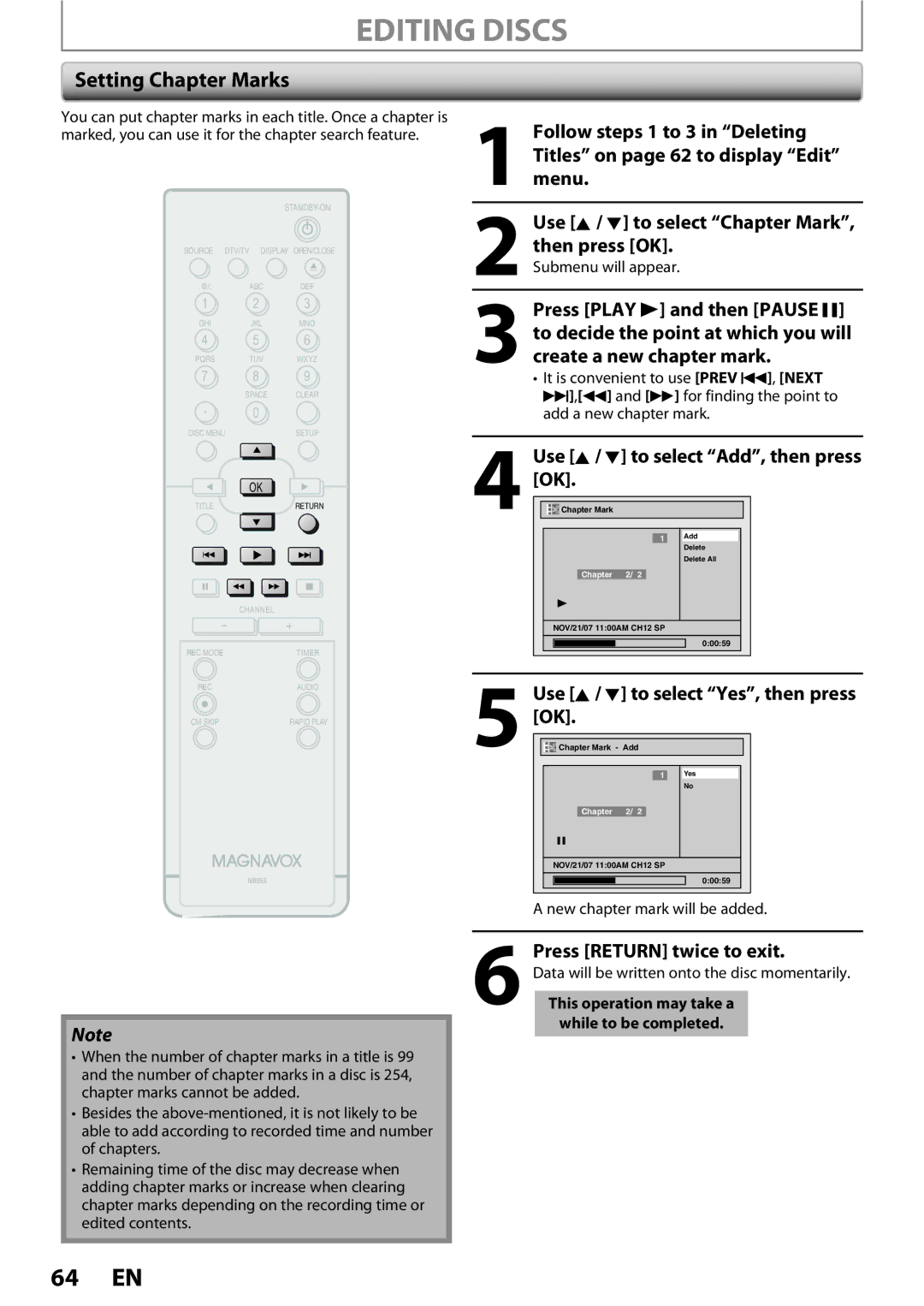 Magnavox ZC352MW8 owner manual Setting Chapter Marks, Use K / L to select Add, then press OK, Press Return twice to exit 