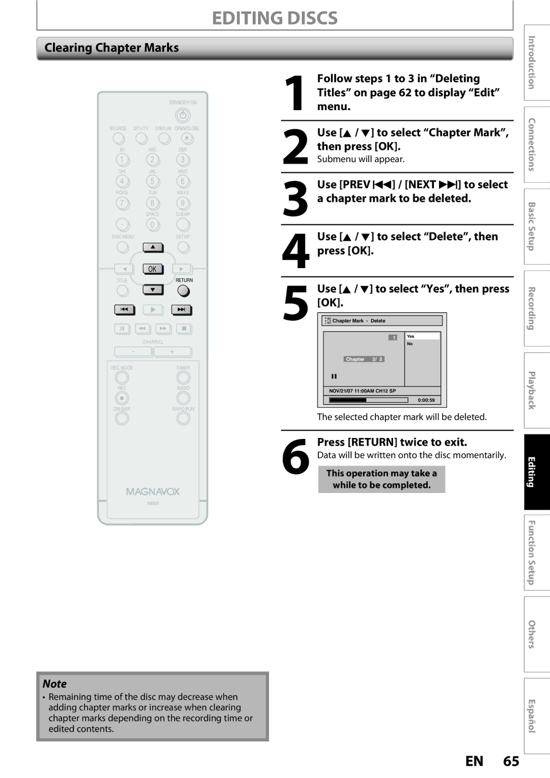 Magnavox ZC352MW8 owner manual Clearing Chapter Marks, Chapter Mark Delete 