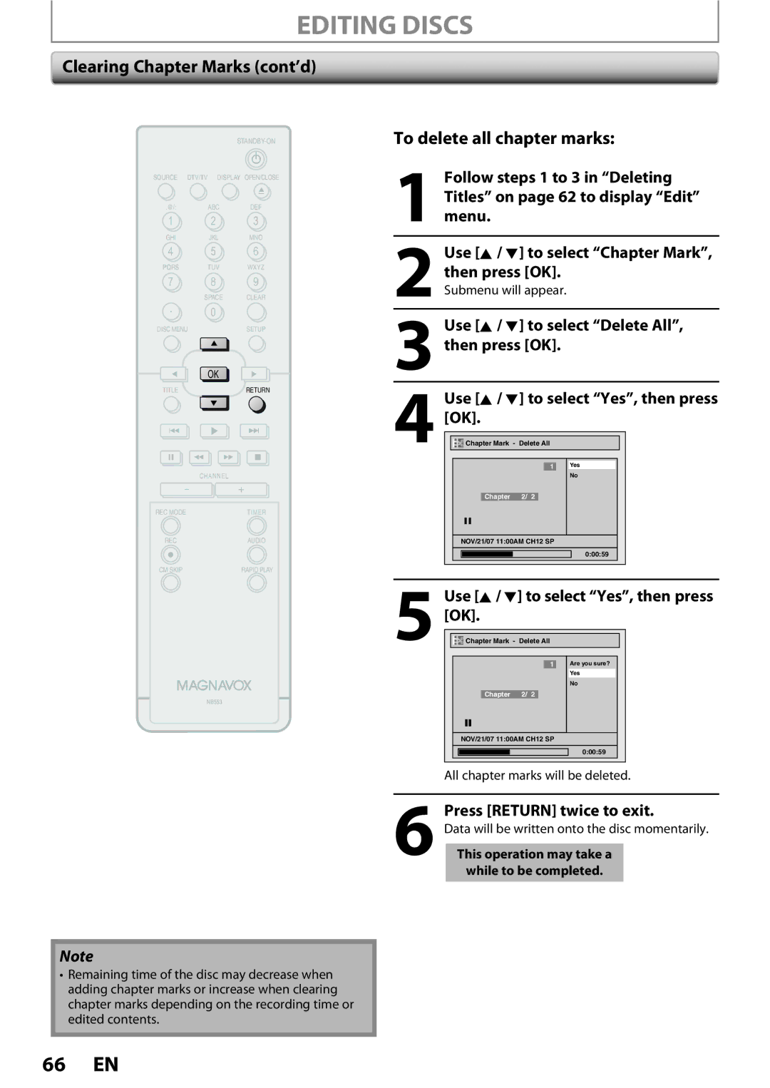 Magnavox ZC352MW8 Clearing Chapter Marks cont’d, To delete all chapter marks, All chapter marks will be deleted 