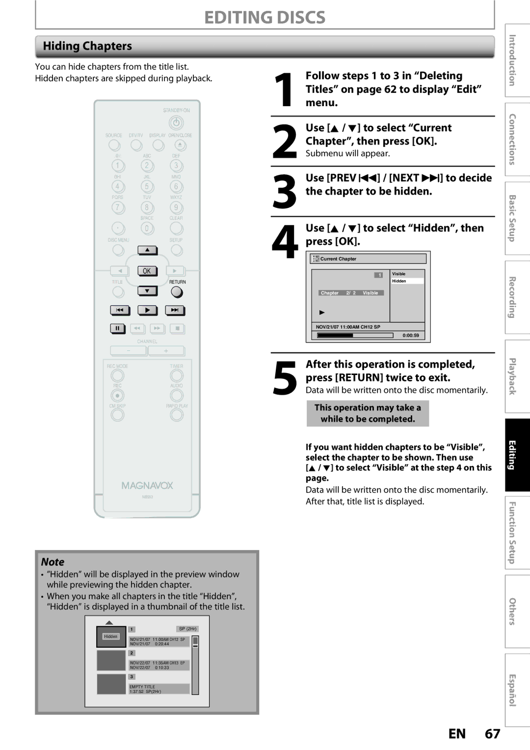 Magnavox ZC352MW8 owner manual Hiding Chapters, Chapter, then press OK. Submenu will appear 