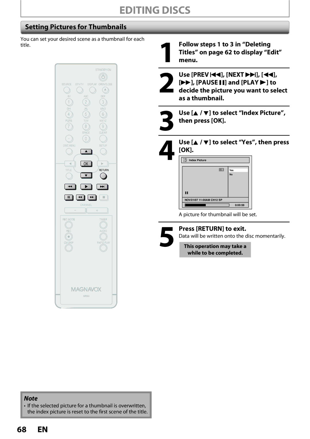 Magnavox ZC352MW8 owner manual Setting Pictures for Thumbnails, Press Return to exit, Follow steps 1 to 3 in Deleting 