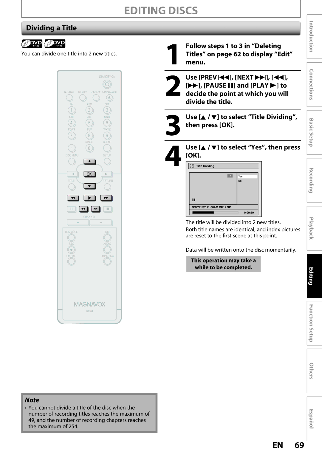 Magnavox ZC352MW8 Dividing a Title, You can divide one title into 2 new titles, Title will be divided into 2 new titles 