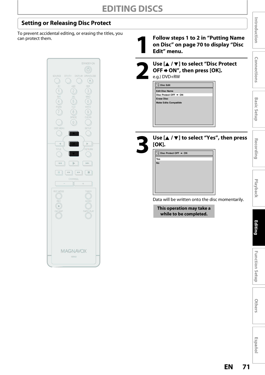 Magnavox ZC352MW8 owner manual Setting or Releasing Disc Protect, OFF ON, then press OK. e.g. DVD+RW 