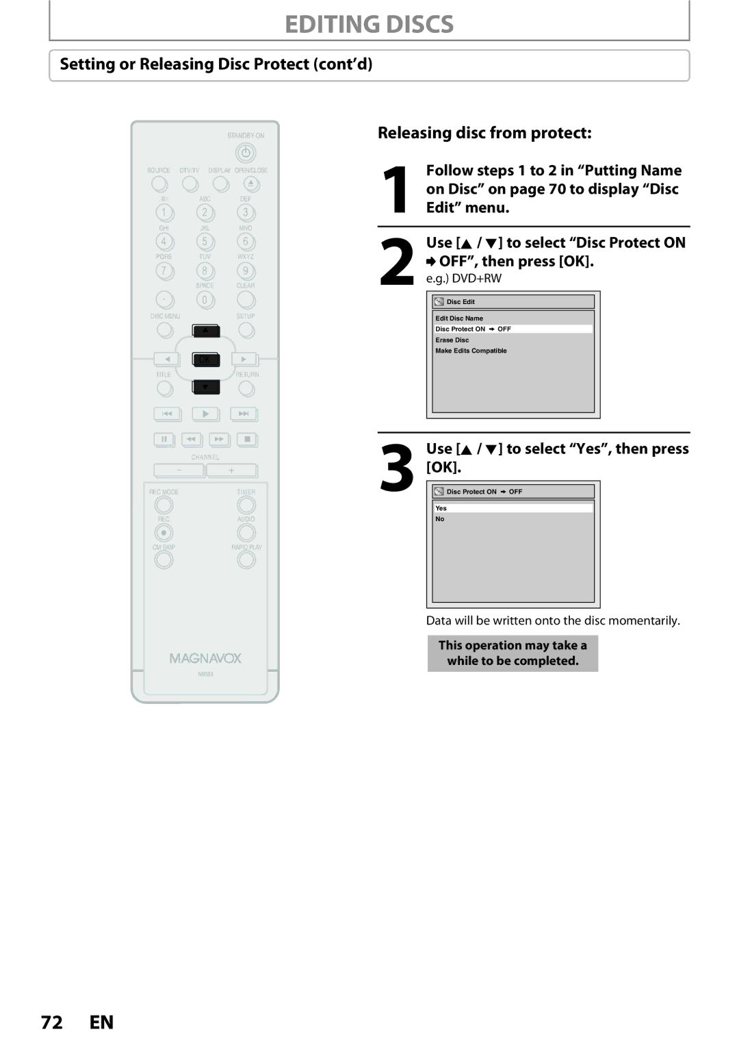 Magnavox ZC352MW8 Releasing disc from protect, Setting or Releasing Disc Protect cont’d, OFF, then press OK. e.g. DVD+RW 