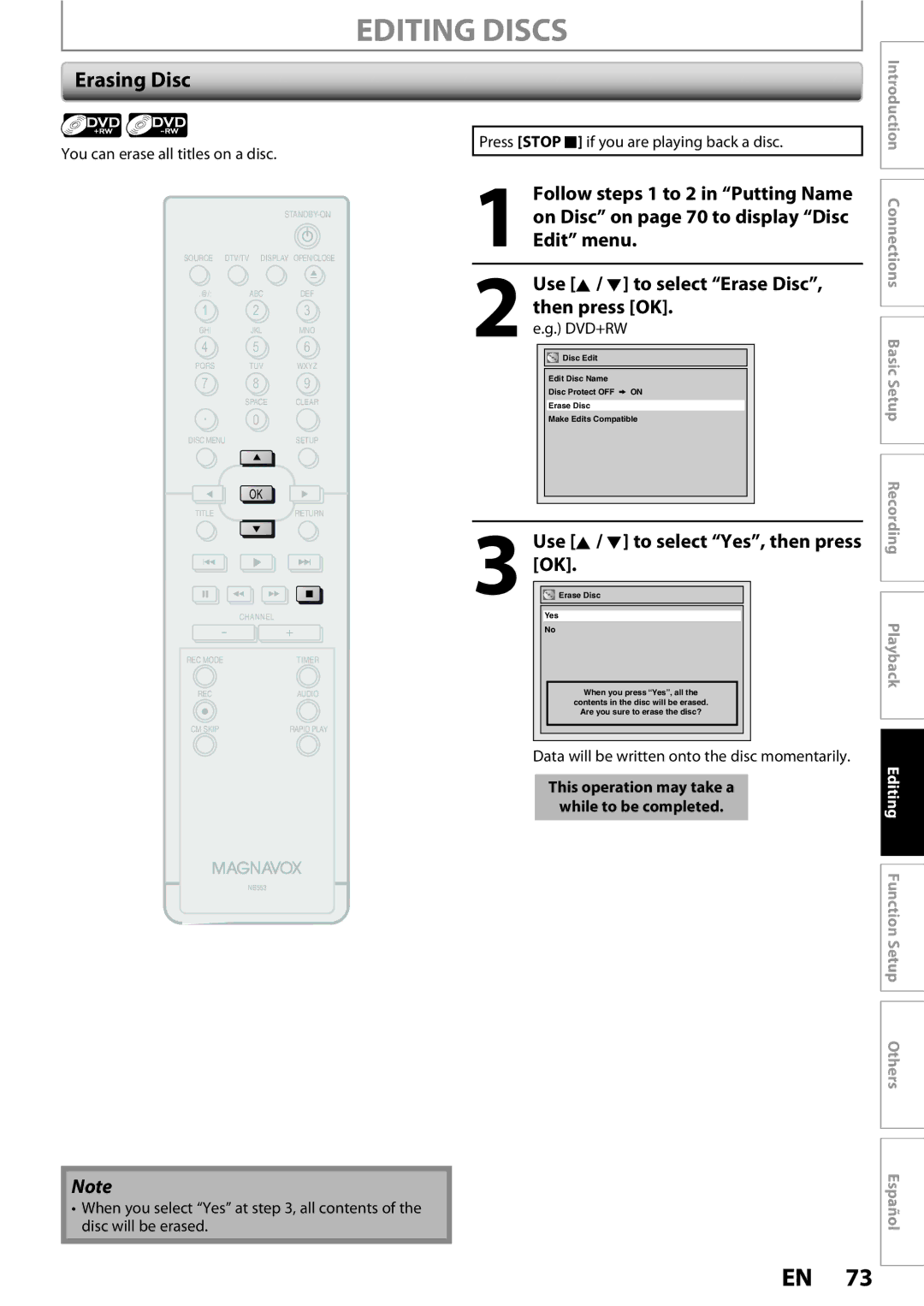 Magnavox ZC352MW8 owner manual Erasing Disc, You can erase all titles on a disc 