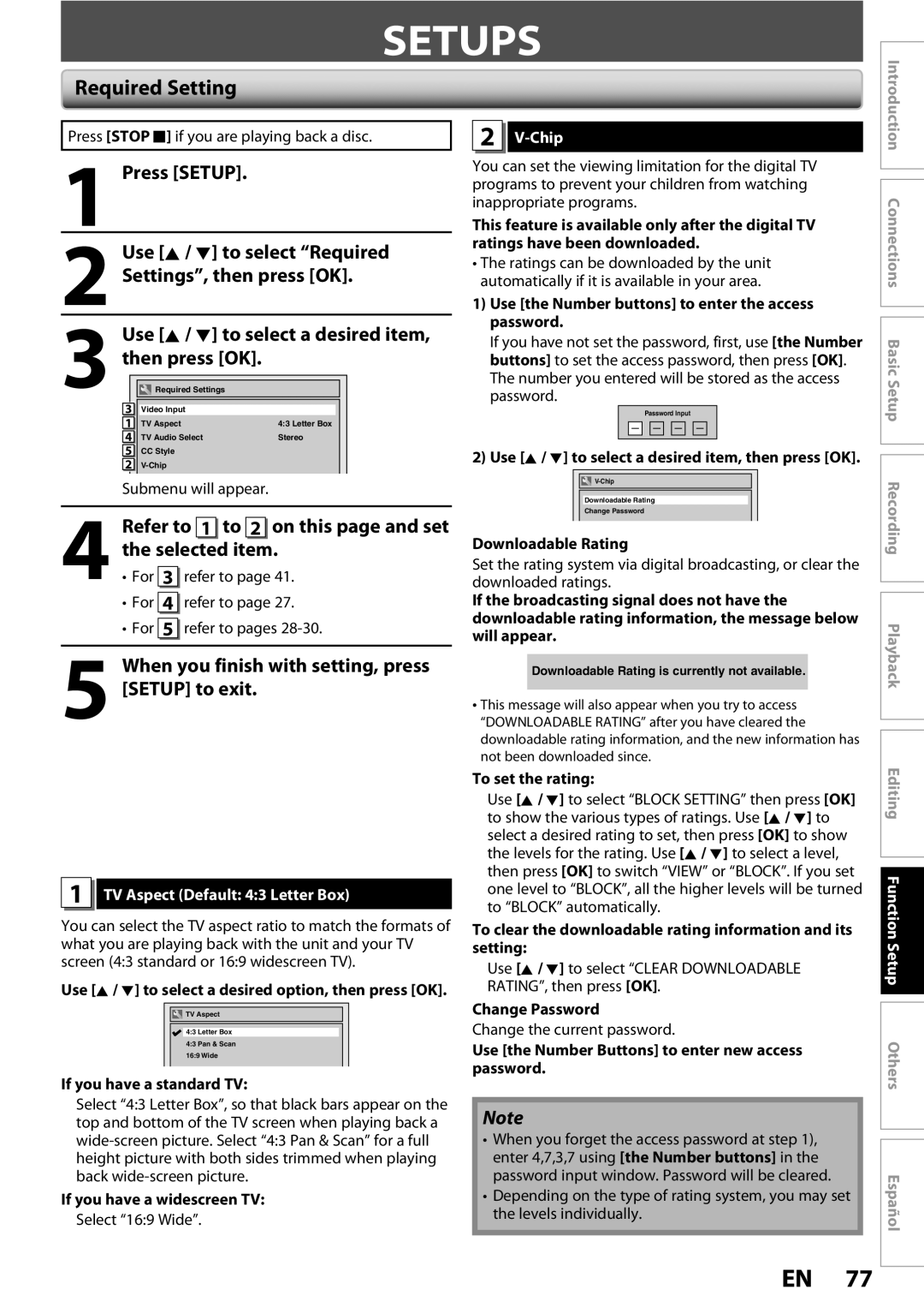 Magnavox ZC352MW8 Setups, Required Setting, Refer to, Selected item, When you finish with setting, press Setup to exit 