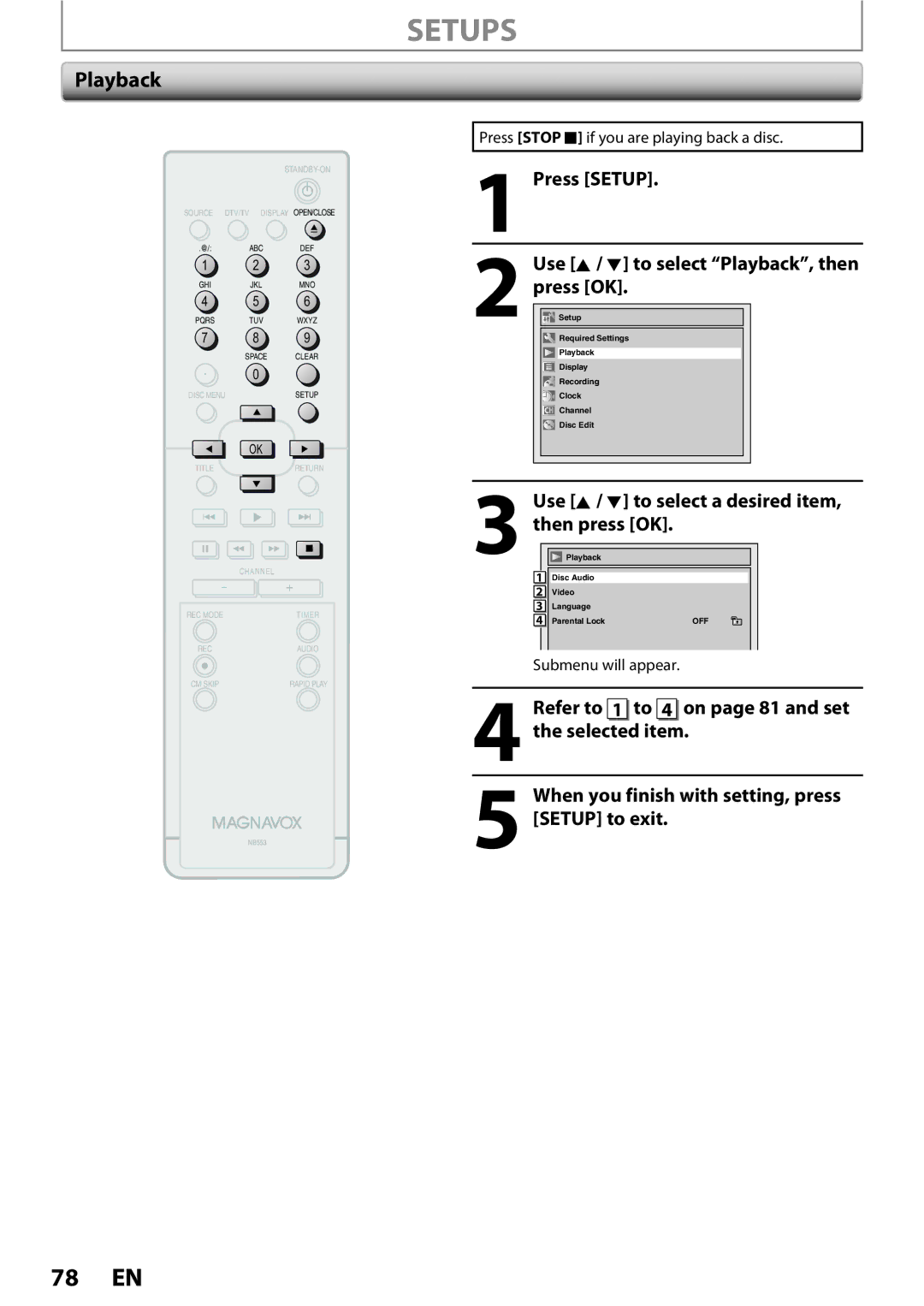 Magnavox ZC352MW8 owner manual Setups, Use K / L to select Playback, then 