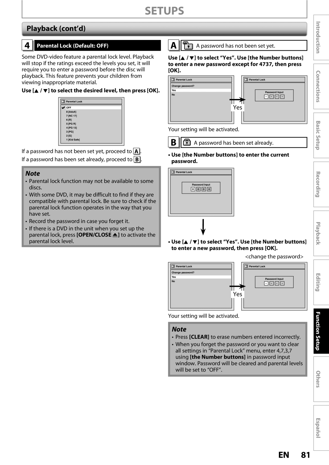 Magnavox ZC352MW8 Parental Lock Default OFF, Use K / L to select the desired level, then press OK, Function Setup Others 