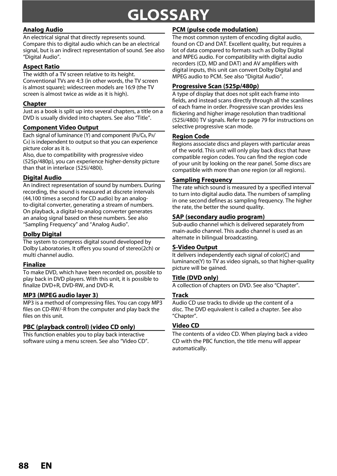 Magnavox ZC352MW8 owner manual Glossary 