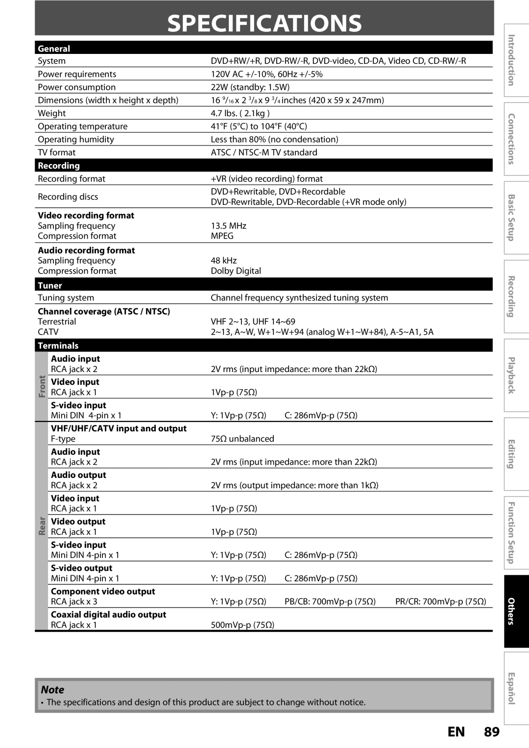 Magnavox ZC352MW8 owner manual Specifications, General, Recording, Tuner, Terminals 